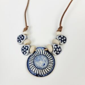 Artisan Bohemian Pottery Pendant With Adjustable Leather Cord- Blue And White